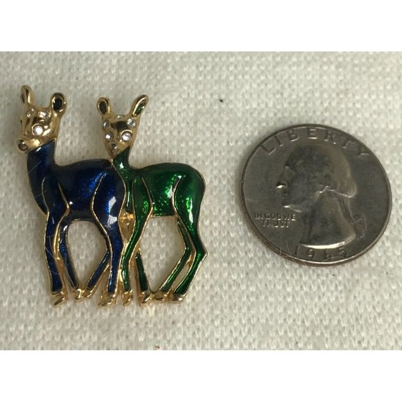 Blue & Green Enamel Deer Brooch with Gold Tone Accents - Vintage - 1 1/8" - Picture 3 of 6